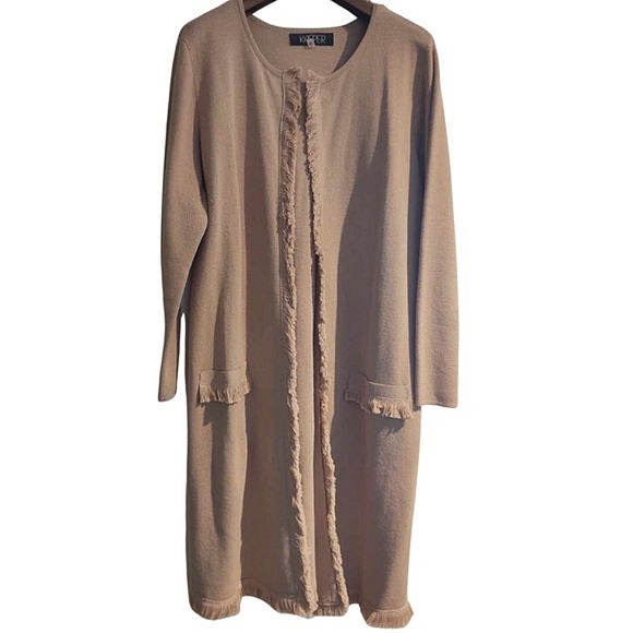 Tan Fringed Long Cardigan Sweater | Large - Picture 11 of 16